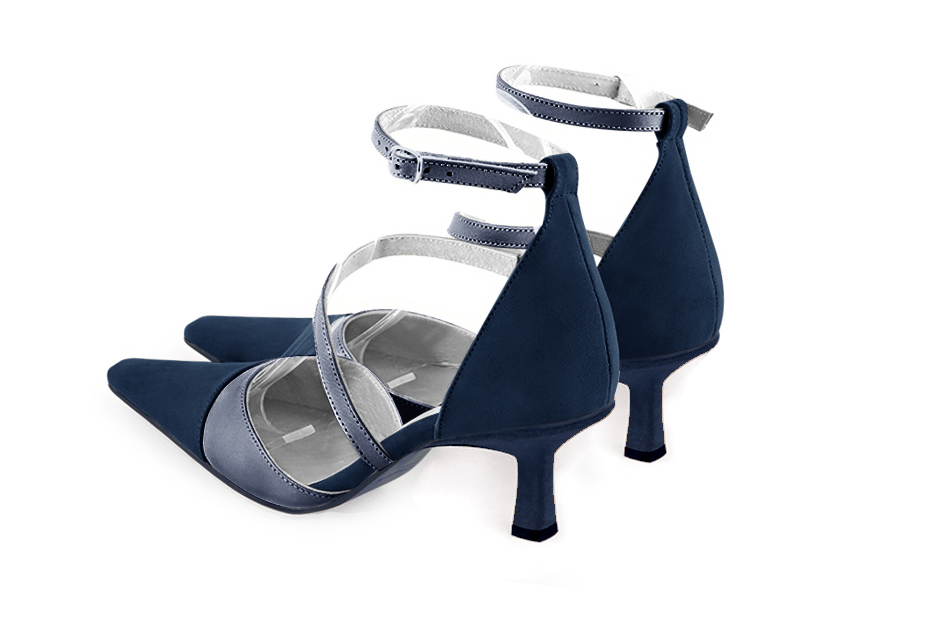Navy blue women's open side shoes, with snake-shaped straps. Tapered toe. Medium spool heels. Rear view - Florence KOOIJMAN